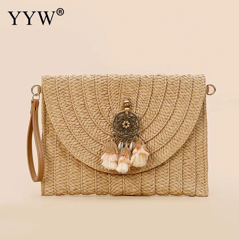 Eco-friendly Wheat Straw Clutch Handbag Summer Beach Women Hand Woven Envelope Purse Wallet with Strap Ladies Portable Soft Tote