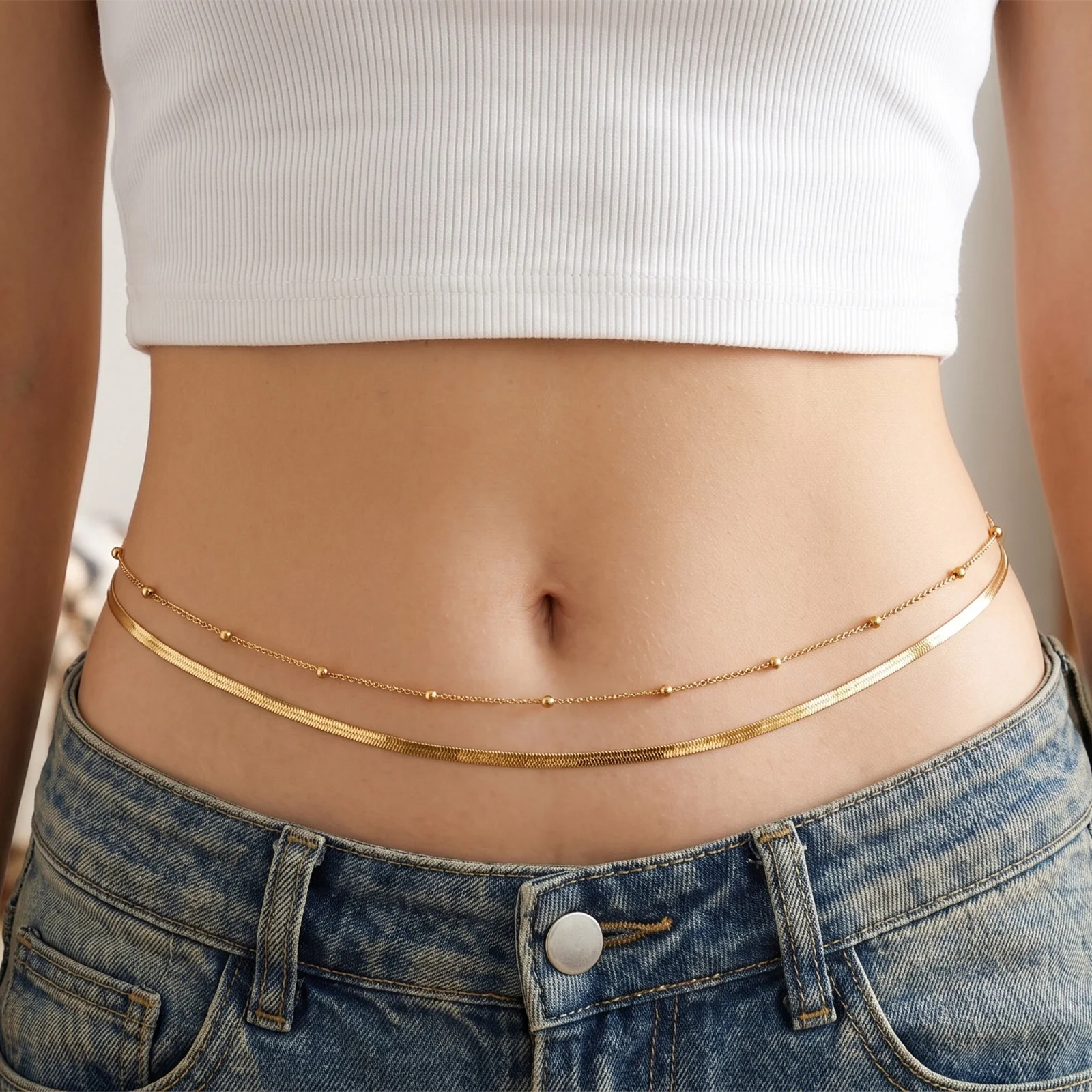 2-teiliges Set Mehrfarbige Flache Schlangenkette Körper-Taillenkette Bauchkette Halskette aus Edelstahl Exquisit Stilvoll für Frauen Geschenk Schmuck
