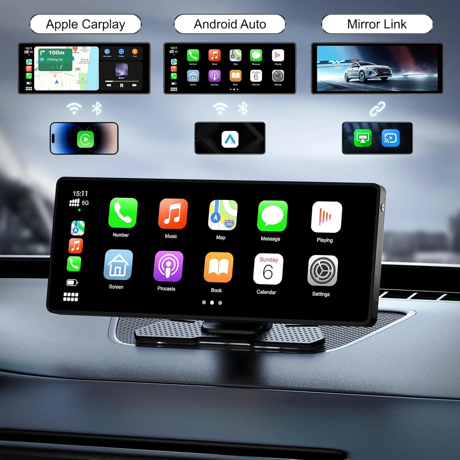 10.26 Inch Wireless Carplay Screen with Reverse Portable Wireless Smart Car Play Touch Screen for All Car