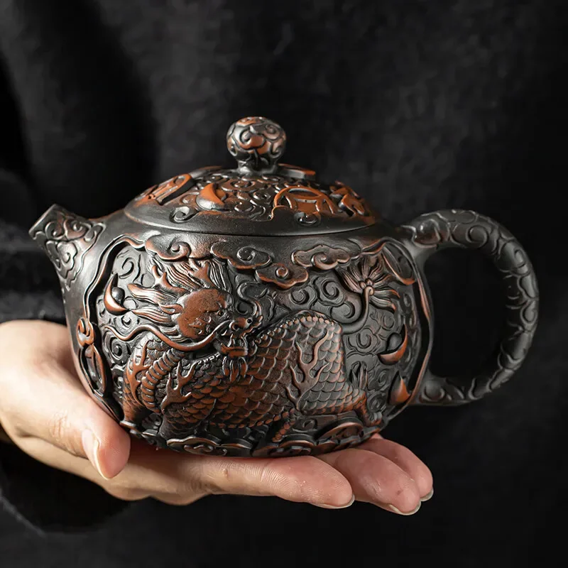 Handmade Teapot Designer Purple Pottery Kirin Xishi Pot Hand-carved Household Teapot Lucky Tea Table Kung Fu Tea Set Ornaments
