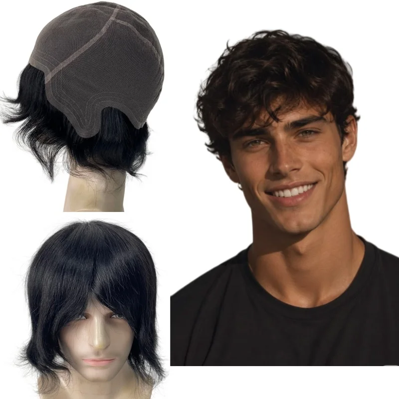 

Indian Remy Human Hair Systems #1A Black Color Full Lace Wigs for Men