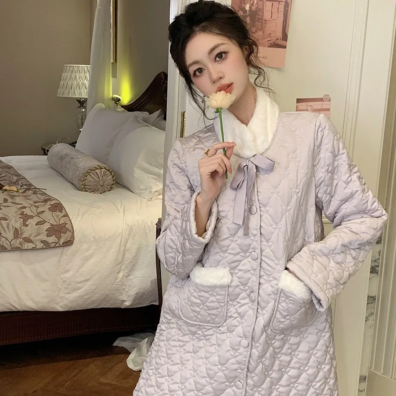 SXTHAENOO Women\'s Fashion Warm Nightgown Satin Loose Nightdress Long Robe Winter Thickened Stand Collar Long sleeve Nightwear