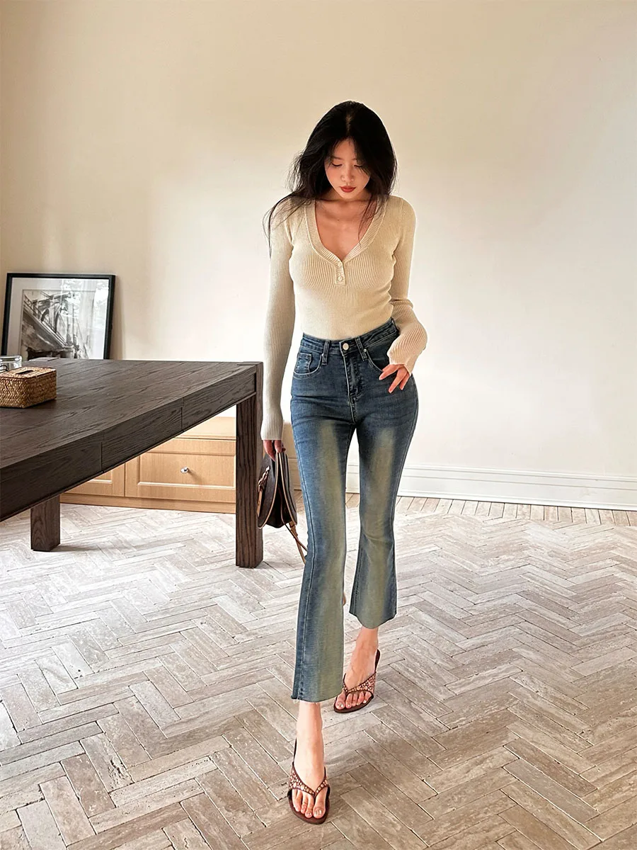 

Джинсы-колокольчики с высокой талией, женские синие джинсовые длинные брюки с девятью точками, осенние повседневные брюки больших размеров