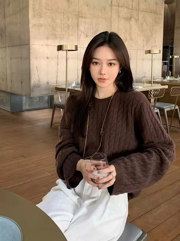 

Шерстяной свитер Ele Color, женский круглый свободный вязаный свитер Ne Twisted с широкими подошвами, Thiened Overhead Ape