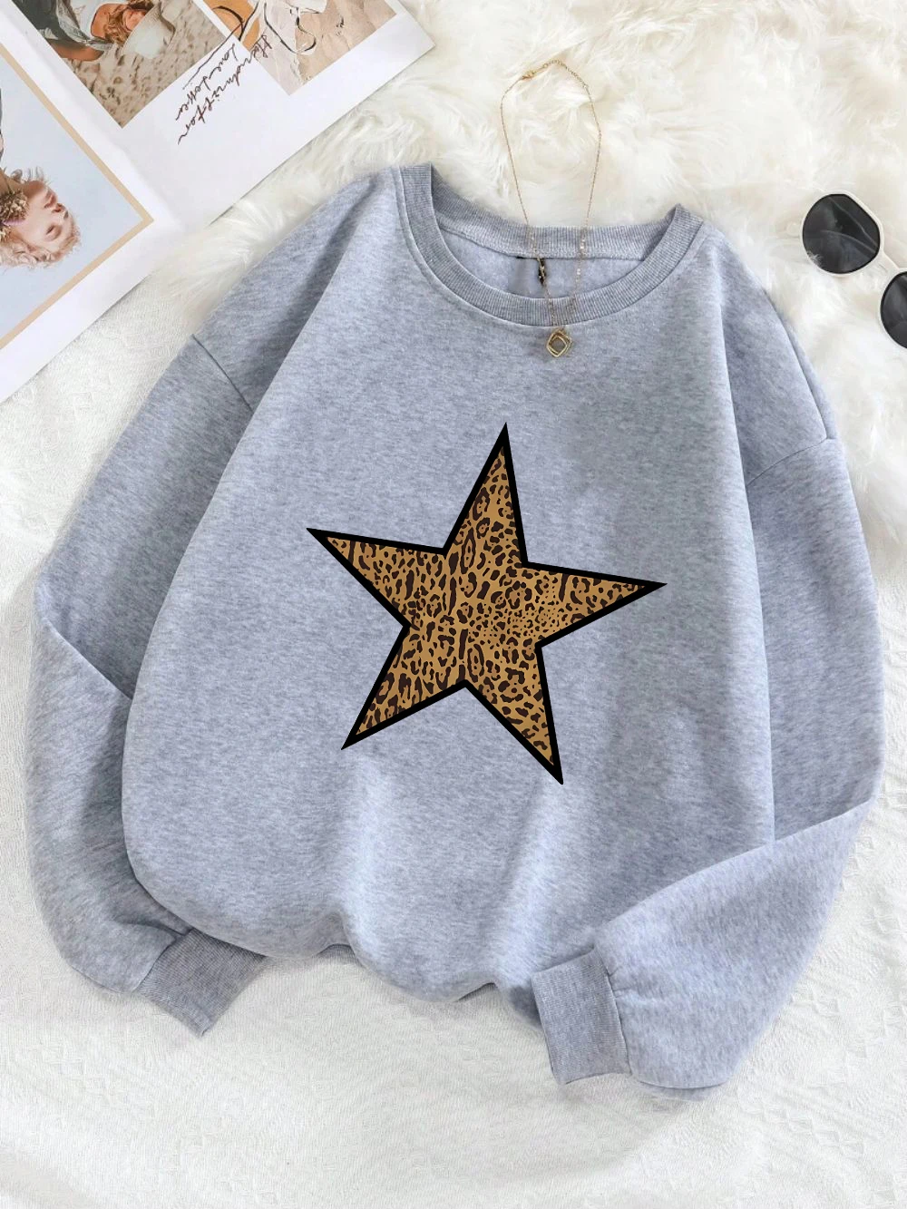 Fashion Womans Pullovers Leopard Pentagram Printing Hoodies Crewneck Fleece Warm Breathable Sweatshirts Autumn Female Clothes