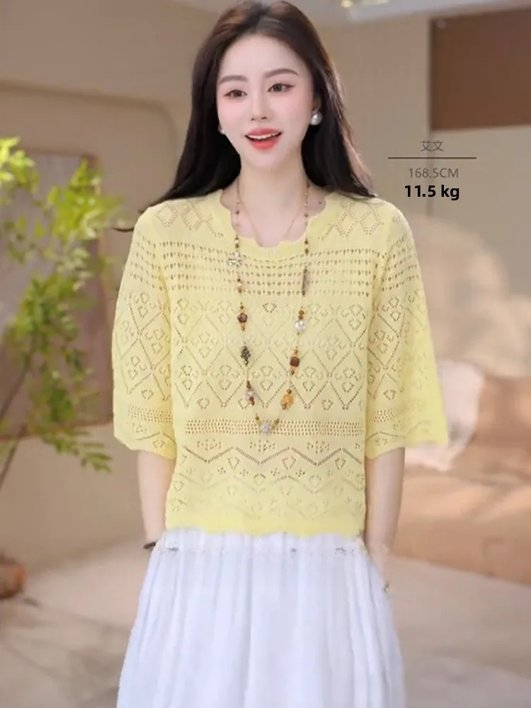 

Лето 202, свободный повседневный универсальный вязаный топ из ледяного шелка, корейский Sle, уникальный дизайн, женская защита от солнца от морых...