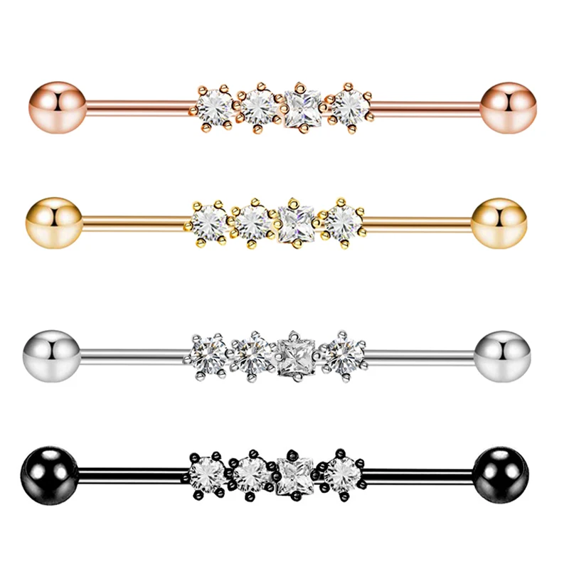 

14G Crystal Long Industrial Earrings, Surgical Steel Industrial Bar Piercing Jewelry, Flexible Cartilage Earring Helix