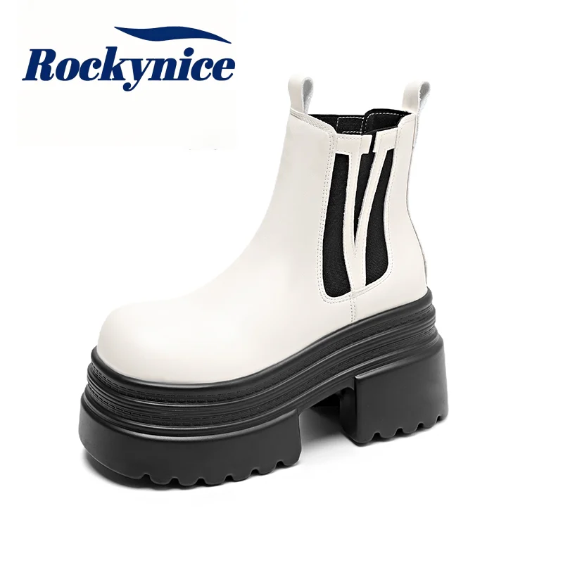 New Women Slip-on Leather Ankle Boots Autumn Winter 10CM Heels Chunky Sneakers Short Motorcycle Boots Woman High Platform Botas