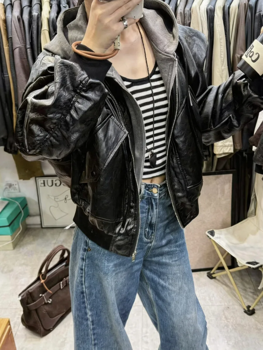 DFDG Women 2026 Detachable Hooded Faux Leather Jacket Oversized Loose Biker Coat Zip Up Streetwear Casual Outerwear Autumn Coat