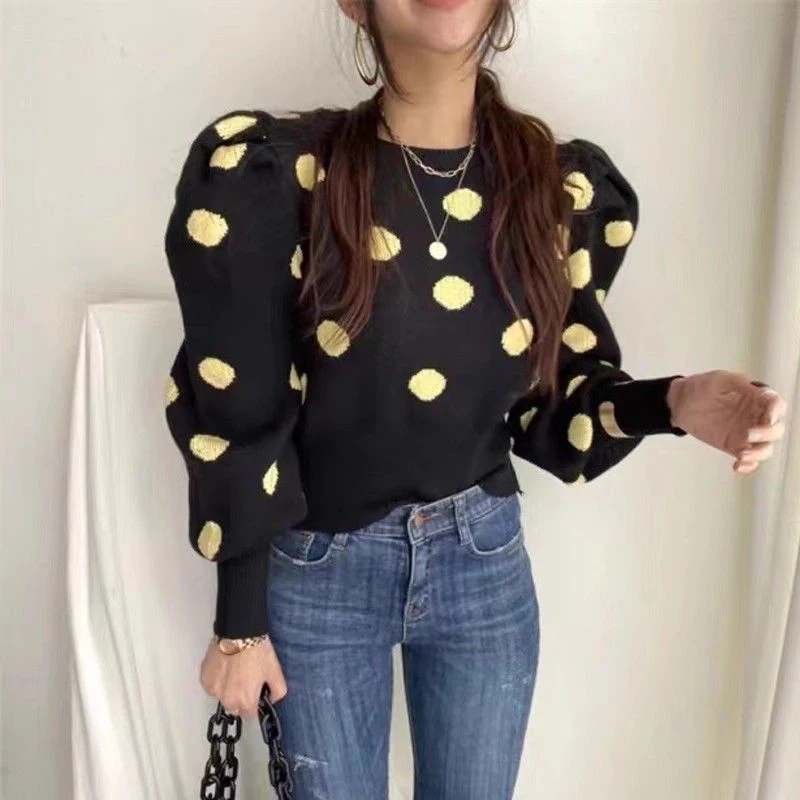 Vintage Polka Dots Knit Sweater Women Puff Sleeve O Neck Loose Casual Pullovers Korean Simple All Match Office Lady Fall Jumpers