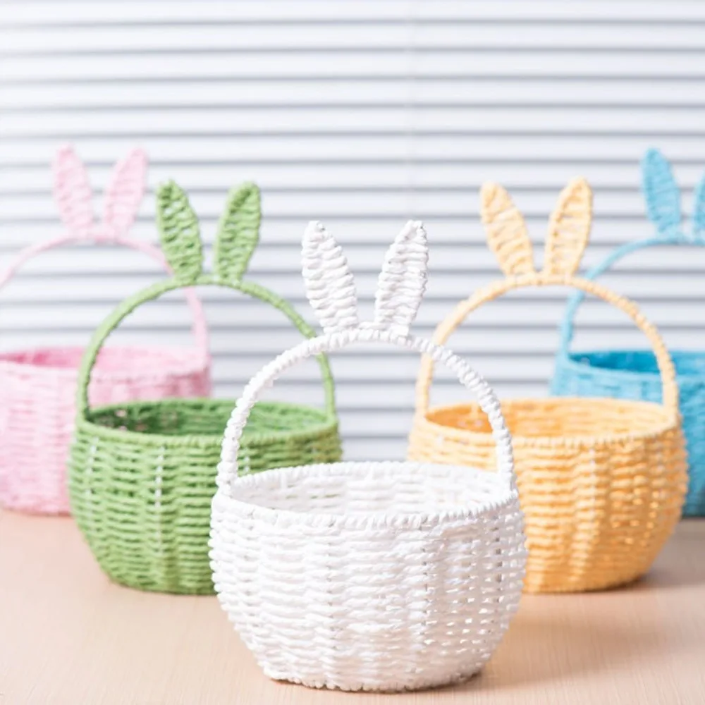 Durable Paper Rope Mini Flower Pot Rabbit Ear Handmade Hanging Baskets Foldable Woven Vegetable Basket Outside