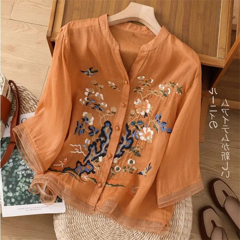 女性用コットンとリネンのブラウス,刺embroideredシャツ,ボタン付きステッチシャツ,高品質の服の販売,夏