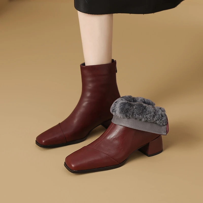 NEW Winter Women Boots Split Leather Shoes for Women Square Toe Chunky Heel Shoes Concise Zip Modern Boots Warm Wool Daily Shoes