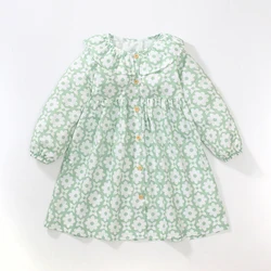 Little maven Girl Elegant Floral Green Dresses Kids Party Dresses Peter Pan Collar 2024 Festive Dresses for Girls Long Sleeve