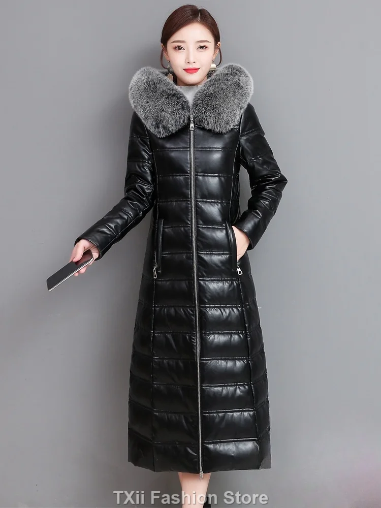 

Real Leather Jacket Women with Fox Fur Collar Fashion Long Black Sheepskin Jacket Warm Puffer Jacket Women Casual Leather Coat