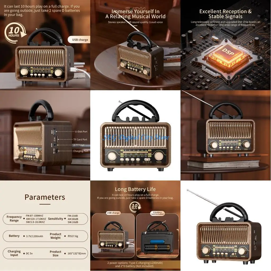 

U75B Portable Radio Full Band Radio Receiver Rechargeable Bluetooth-compatible Speaker Music Box Support TF Card USB