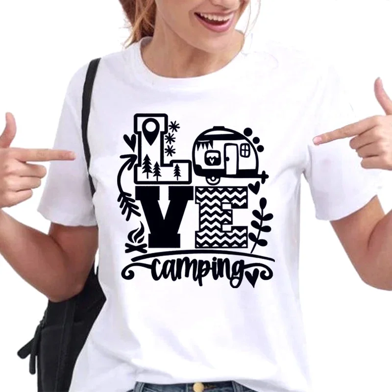 New Fashion Women T-Shirt Love Camping Print Short Sleeve Camper  Summer Casual Tee Round Neck Tops Fashion Y2k Tops Clothes