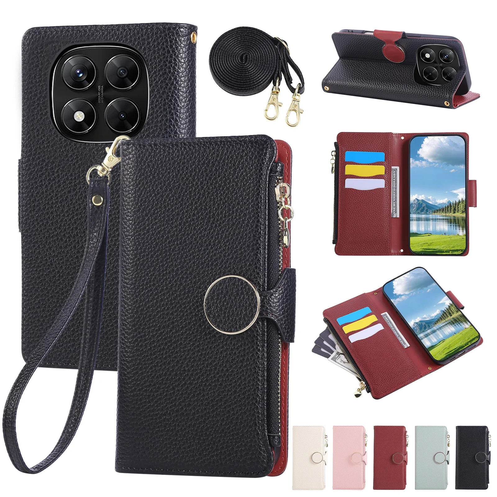 Umhängetasche mit Handschlaufe und Kartenhalter, Handyhülle für Xiaomi Redmi Note 12 13 14 Pro Plus 12R 13C 14C K80 Lederhülle