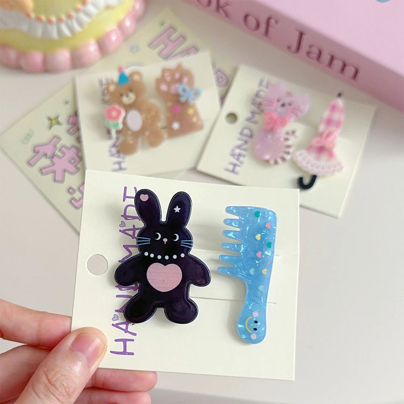 Pinces à cheveux en acrylique, 2 pièces, dessin animé chat ours lapin, Animal doux et mignon, frange latérale pour filles et femmes, accessoire de couvre-chef