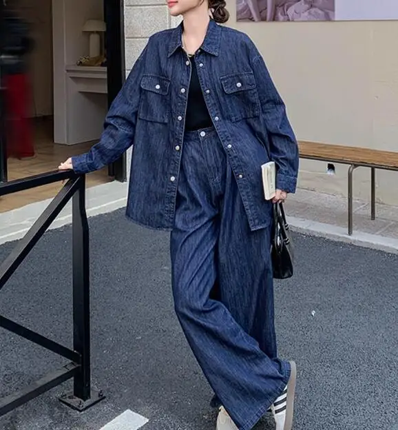 

SuperAen European and American Style Women's New 2025 Fashion Lapel Long-sleeved Striped Shirt High Waist Trousers Set