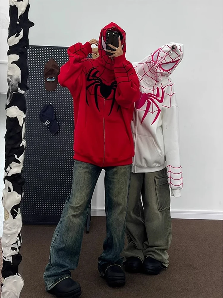 

Американская толстовка-худи Spider в стиле High Street для пар, весенне-осенняя, на молнии, модная, оверсайз, с капюшоном, для молодежи