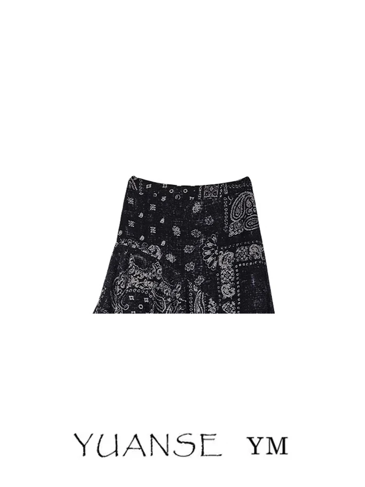 빈티지 페이즐리 프린트 미디 스커트 다용도 레트로 비대칭 A라인 여성 스커트 중간 허리 일상복 기타 소재