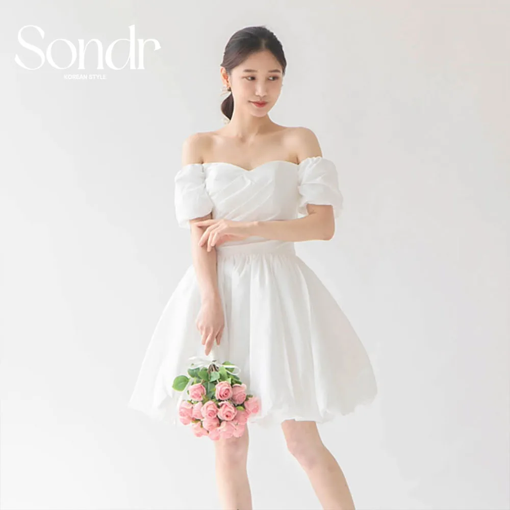 

Sondr Korean Mini Wedding Party Dresses Puff Sleeves A Line Taffeta Bridal Gown Customized Short Bride's Photo Shoot Dresses