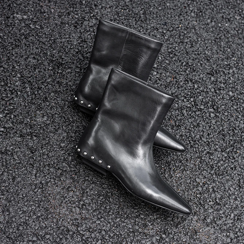 Handmade Genuine Leather Square Heel Booties Sexy Rivet Ankle boots,Fashion winter woman boots,knight boots,Fashion Cowboy boots