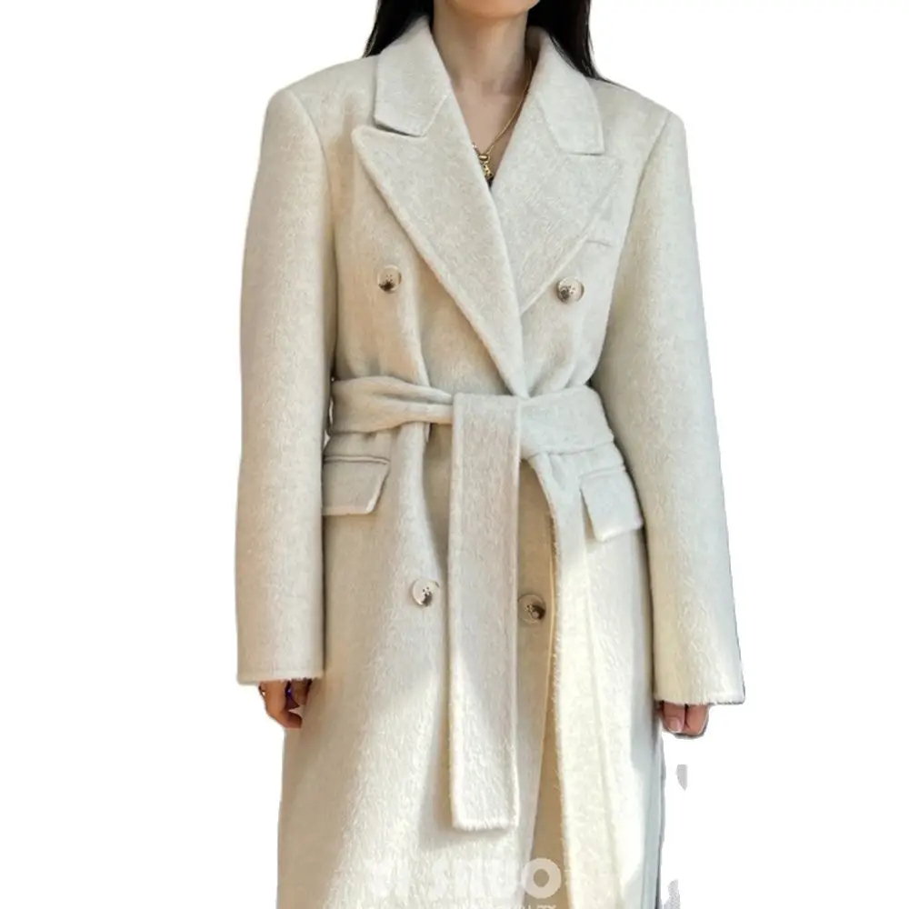 

Brand High Quality Off White Double Sided 100% Wool Coat Women Straight Suit Collar Medium Long Winter Thicken Woolen Overcoat