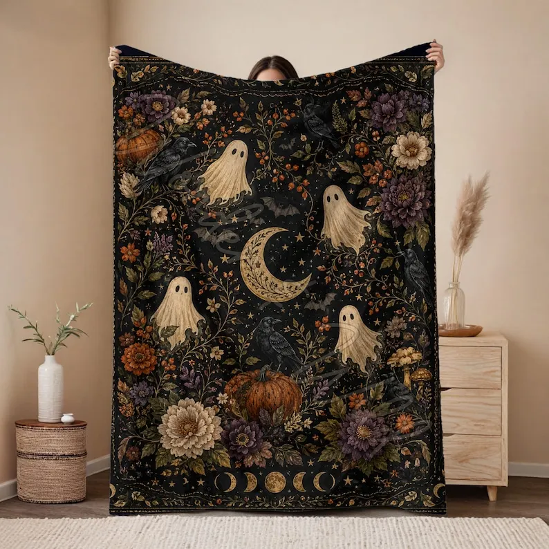Halloween Blanket Boho Home Decor Cozy Fall Throw Witch Gift Practical Magic Blanket Spooky Season Decor Witchy Home Decor Floral Halloween