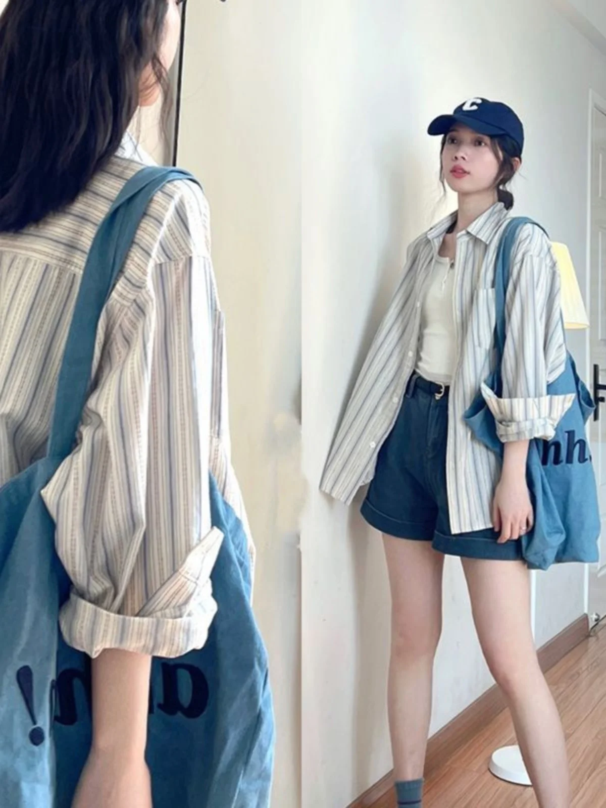 

Spring Fashion Women's Shirt Inner Wear Layering Thin Long Sleeve Striped Casual Style Collar Button up Outerwear
