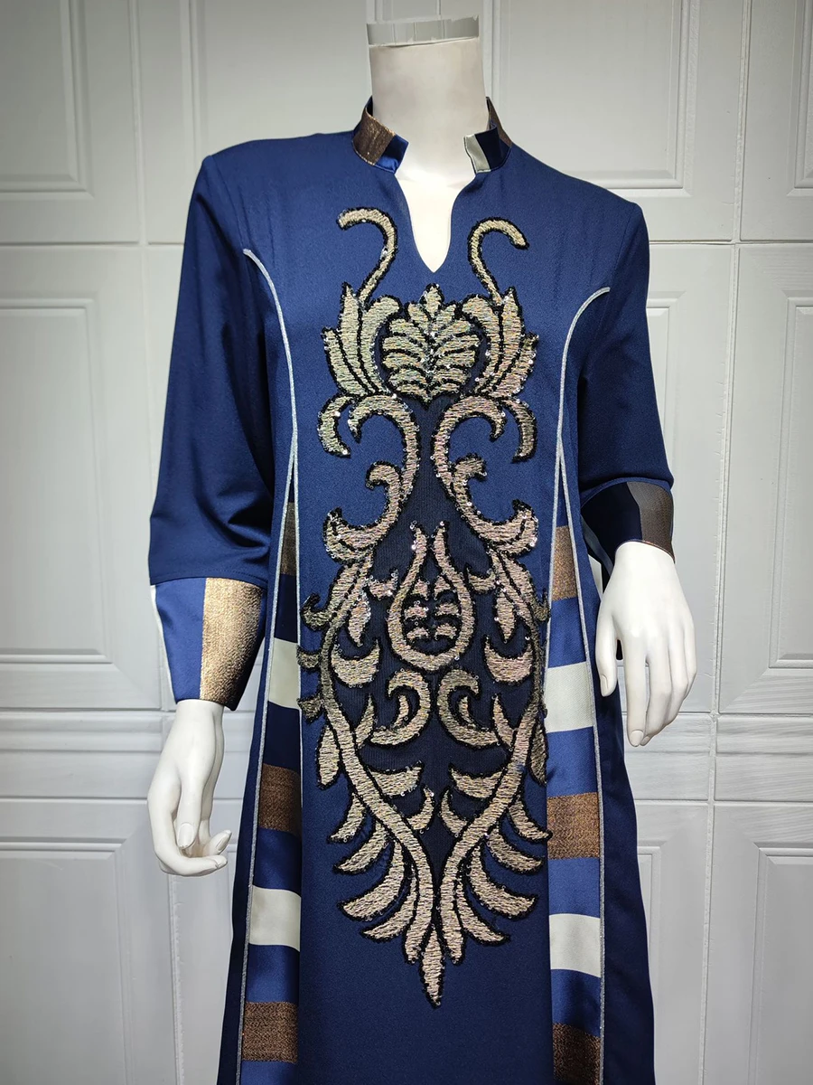 Elegant Casual Floral Embroidery Patchwork Long Dresses Vintage Contrast Color Kaftan Ramadan Gulf Abayas For Women