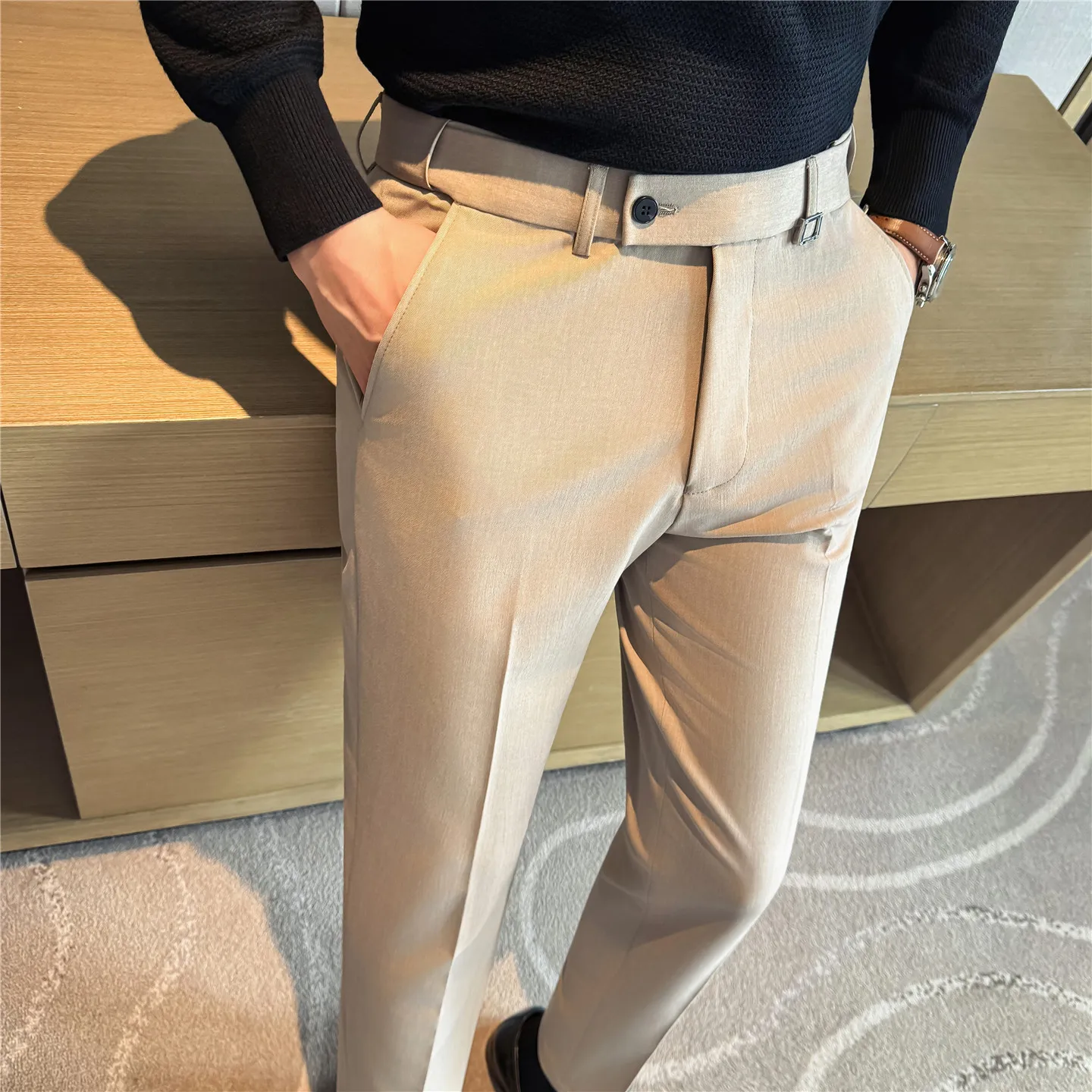 

Invisible Elastic Waisted Suit Pants for Men Metal Decoration Slim Fit Suit Pants Fashion Casual Business Office Social Trousers