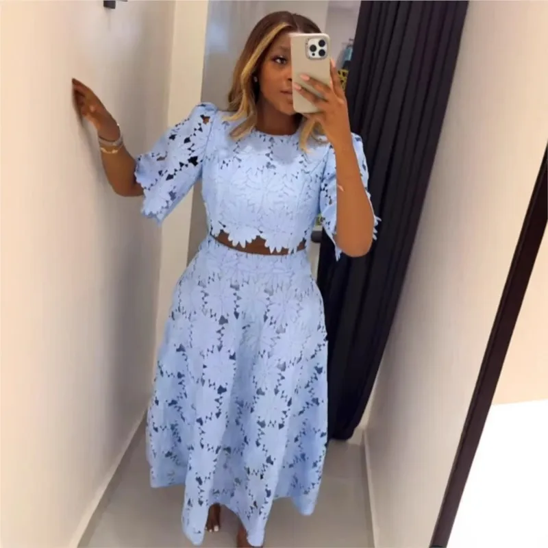 

2026 New Summer Hollowed-out Lace Skirt Two-piece Set Elegance Pullover Short Top+Long Skirt Fashion Casual Suit Women's Dresses