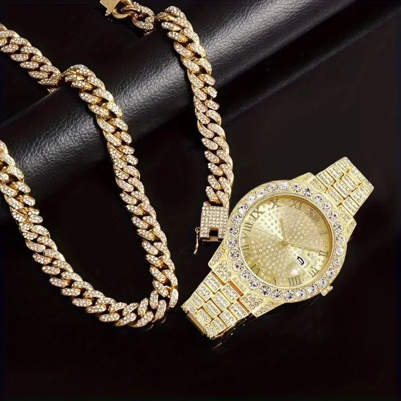 3 unids/set 15mm collar + pulsera + reloj reloj de cadena cubana Hip Hop Miami Curb helado pavimentado Rhinestone rapero joyería cubana para hombres