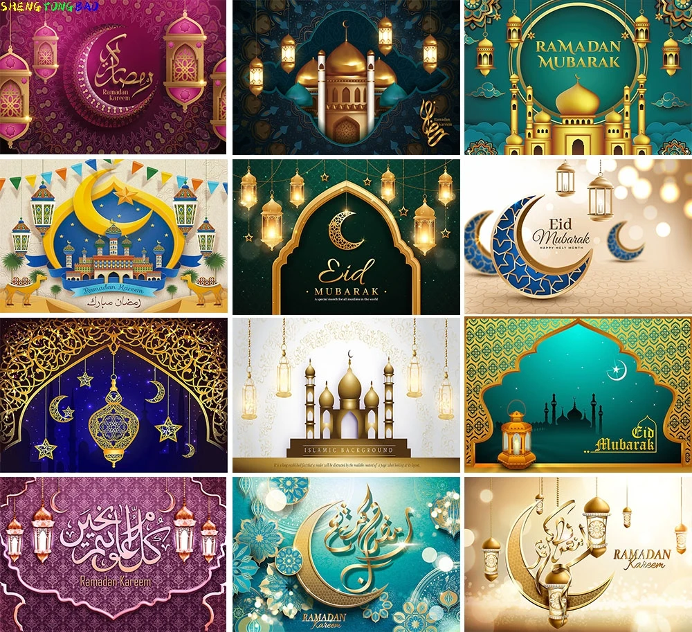 

Ramadan Eid Kareem Mubarak Islamic New Year Moon Lanterns Background Arabic Palace Candles Mosque Photography Backdrops EI-09