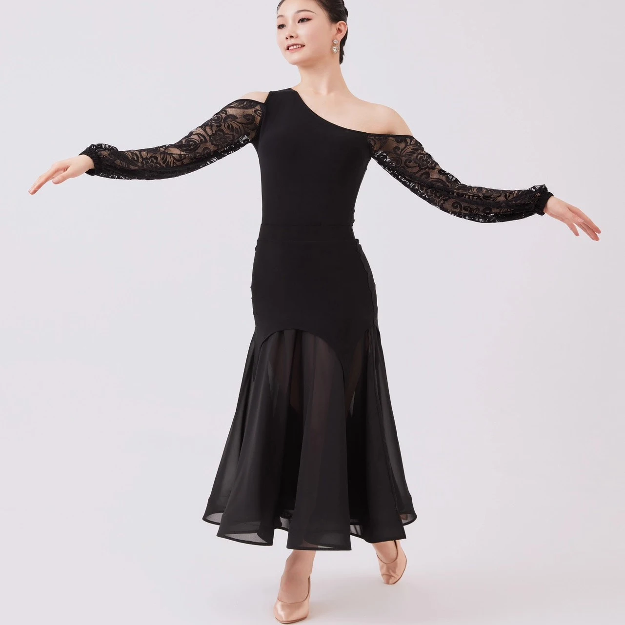 Adult Modern Dance Costume Sloping Shoulder Lace Top Waltz National Standard Dance Practice Clothing Latin Dance Clothes DN21953