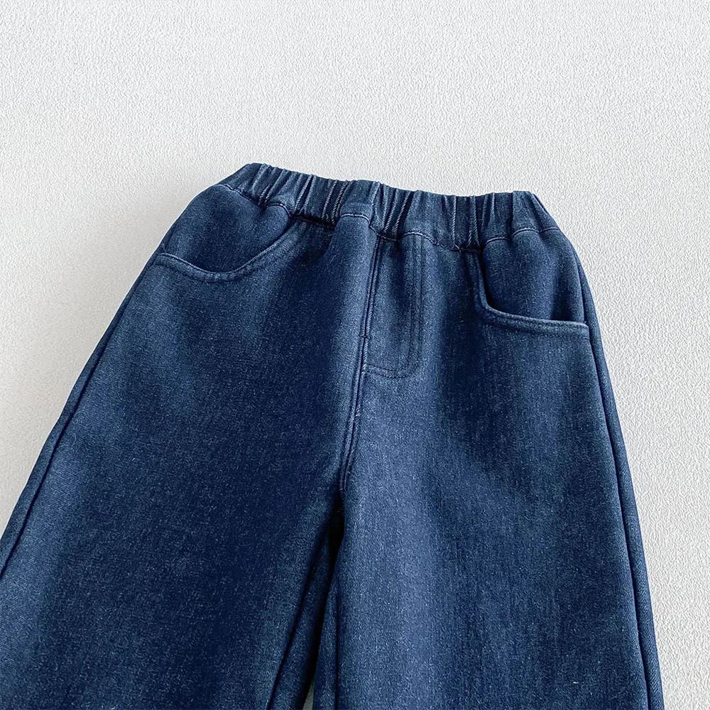 Kids Jeans For Girls Fleece Thicken Warm Winter Toddler Clothes Embrodiery Vintage Straight Children Denim Pants