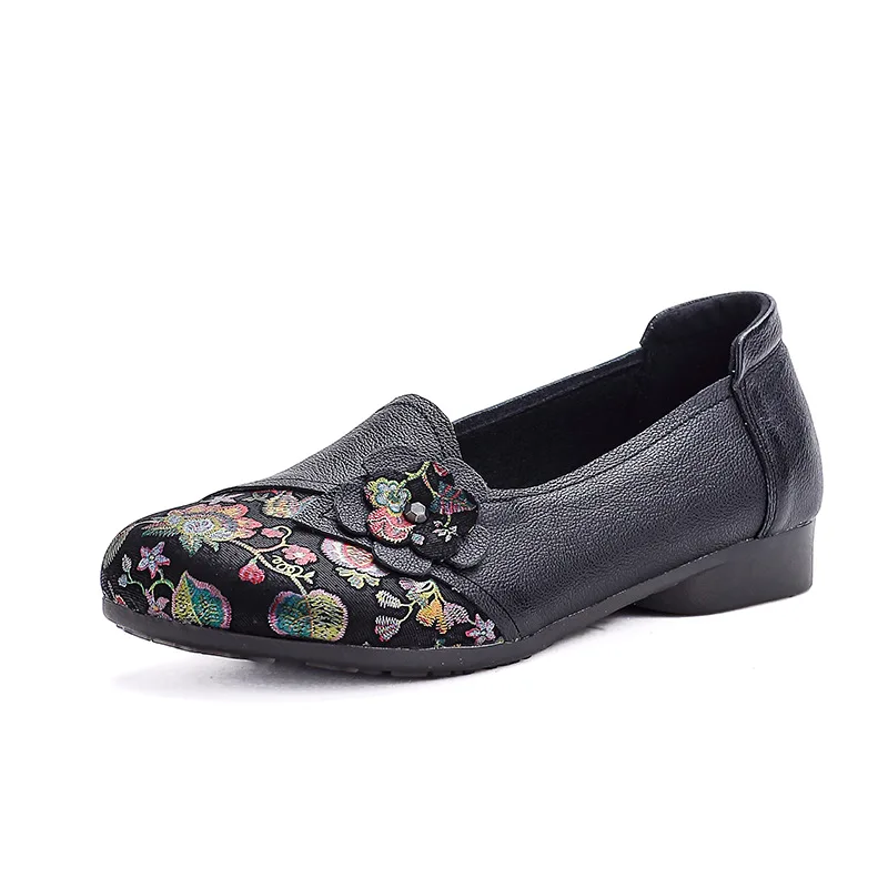 

Retro Genuine Leather Moccasin Loafers for Women Chinese Floral Embroidery Soft Comfort Flat Shoes Ladies Brocade Style