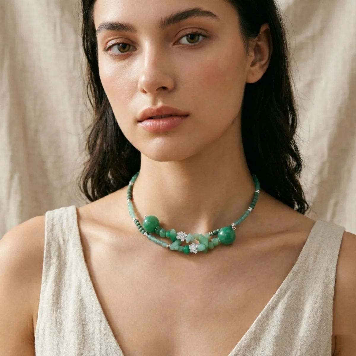 Vintage Ethnische Grüne Naturstein-Halskette mit Unregelmäßigen Perlen für Frauen und Männer, Chinesischer Stil, Silberfarbener Lotusblumen-Choker Schmuck – Detail 17