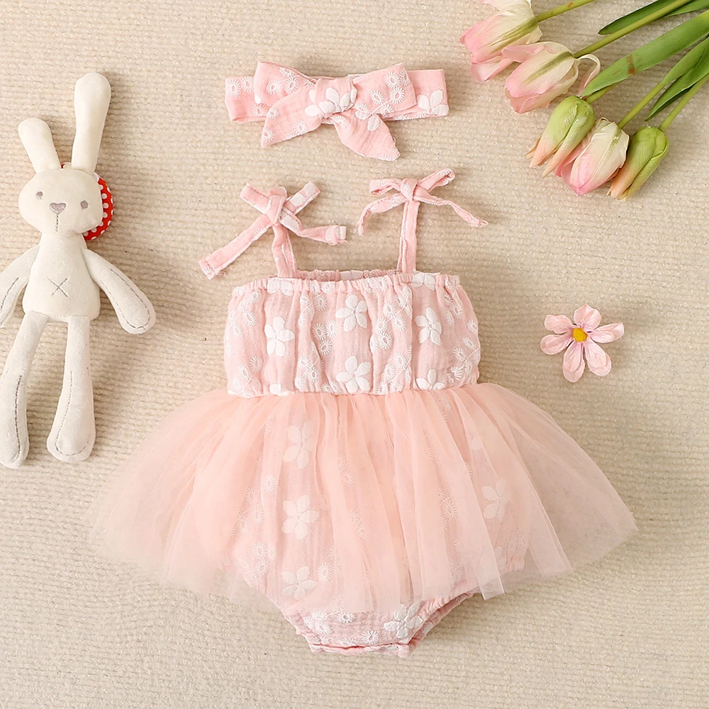 LAPA 0-18M Infant Girls Suspender Princess Dress Baby Girls Floral Print Romper+Headband 2pcs Summer New Baby Onesie Sweet Dress