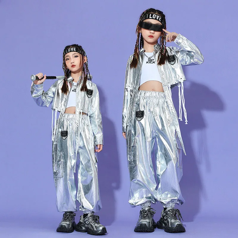 

Kid Hip Hop Clothing Silver PU Motorcycle Jacket Tassel Crop Top Casual Cargo Jogger Pants for Girl Jazz Dance Costume Clothes