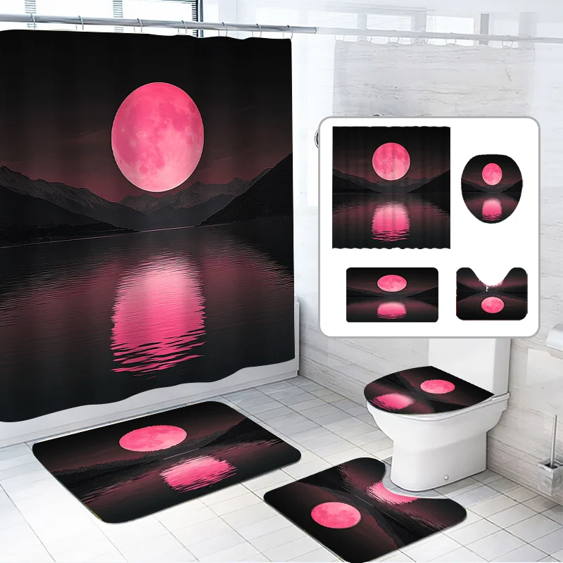

4 шт., набор занавесок для душа Pink Moon, отражения озера на луне, литературный стиль, с 12 крючками, полиэфирная ткань, банный халат