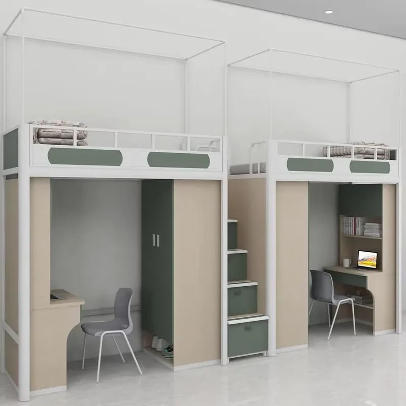 Wooden Steel Loft Bed with Desk Bookcase Drawer Dormitory Apartment Hotel Bunk Beds Space Saving Furniture