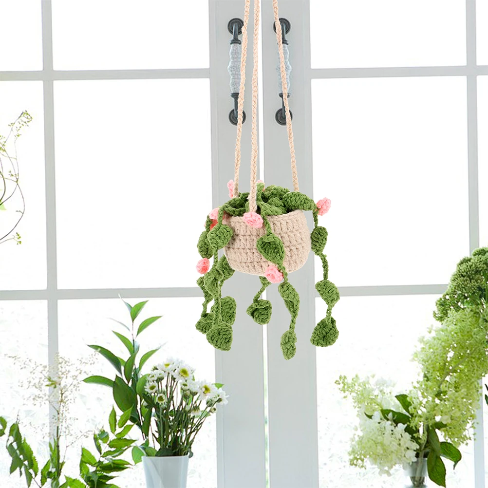 

2 Pcs Handmade Car Decor Crochet Plants Rearview Mirror Accessories Cute Yarn Hanger Boho Interior Charm Truck View