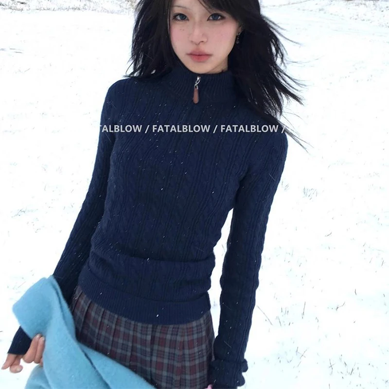 المرأة الكورية الأزرق الداكن محبوك سترة وهمية الرقبة طويلة الأكمام ضئيلة البلوز كابل أنيقة ربيع الخريف خمر الكلاسيكية الأعلى #4