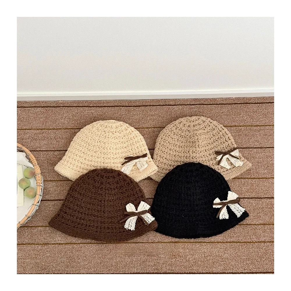 

Autumn Winter Girls Knitted Hat for 3-6Y Kids Warm Hat with Lace Bow Wide Brim Versatile Baby Girl Cap