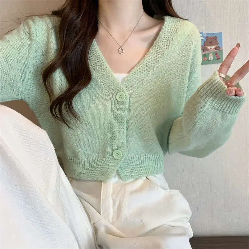 Crop Cardigan Women Slim Autumn Girlish All-match Ulzzang Tender V-neck Casual Outwear Aesthetic Classic Students Chic Clothing