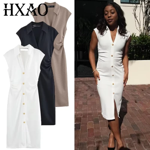 HXAO 2025 vestido de mujer Vestidos largos con volantes verano elegante blanco caqui vestido negro abotonada Vestidos ajustados Vestidos de noche elegantes