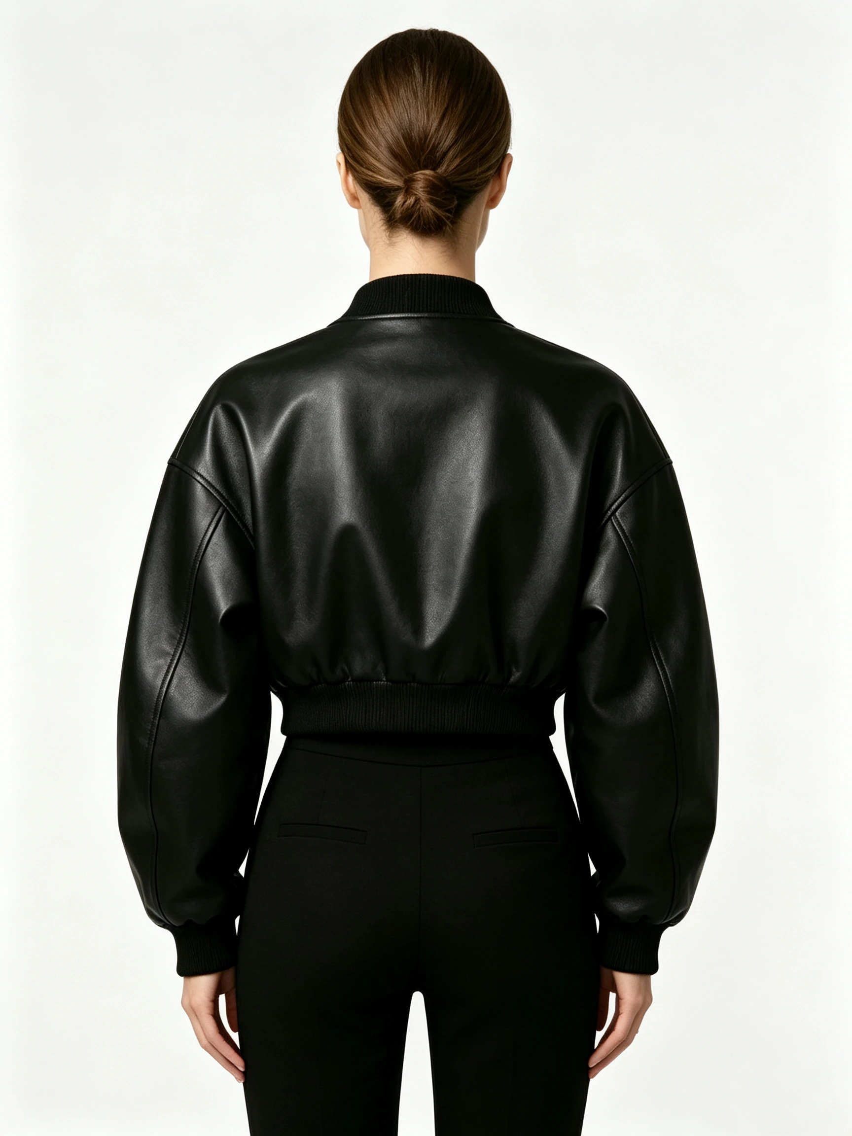 Women's Faux Leather Bomber Jacket with Balloon Sleeves and Ribbed Trim